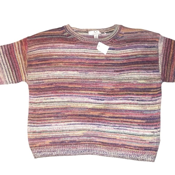Magaschoni Multi Color Striped Knit Pull Over Short Sleeve Woman’s Sweater L - Picture 1 of 7